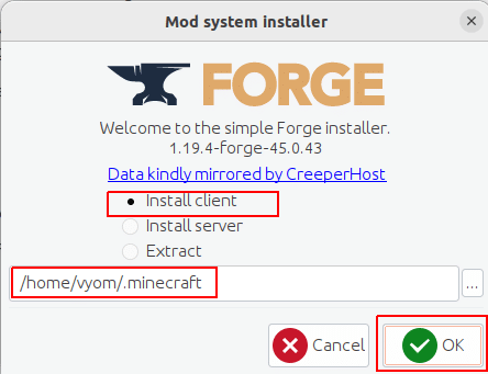 minecraft forge select client