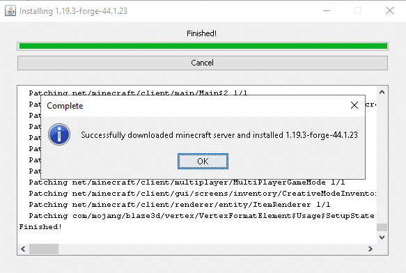 minecraft forge server installation complete