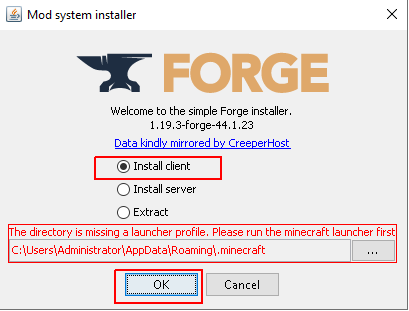select minecraft forge client