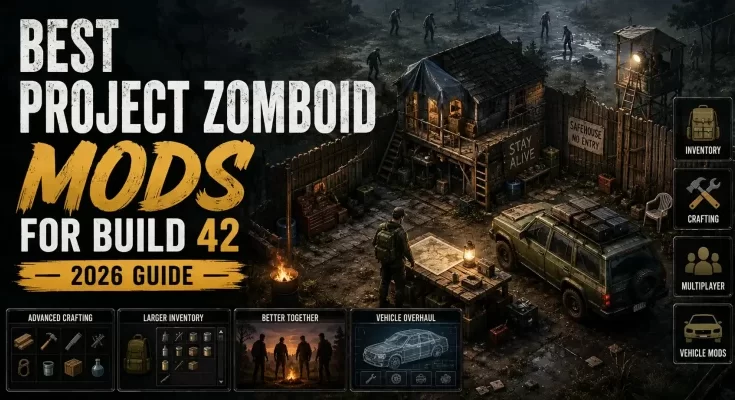 Best Project Zomboid mods for Build 42 in 2026 featuring vehicle, crafting, survival, map, and multiplayer mods